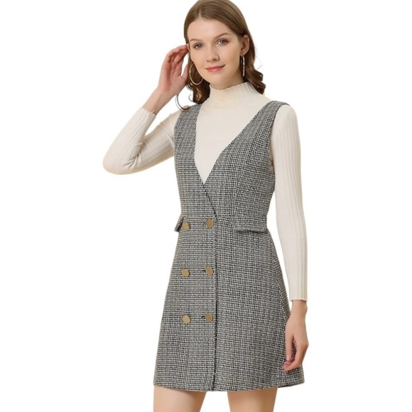 Allegra K Pinafore Mini Jumper School Girl Plaid Double Breast Y2K Preppy Small - Picture 7 of 16